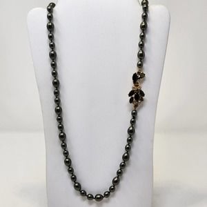 Gunmetal Gray Glass Bead Strand Long Necklace Black Rhinestone Clasp Hand Knot
